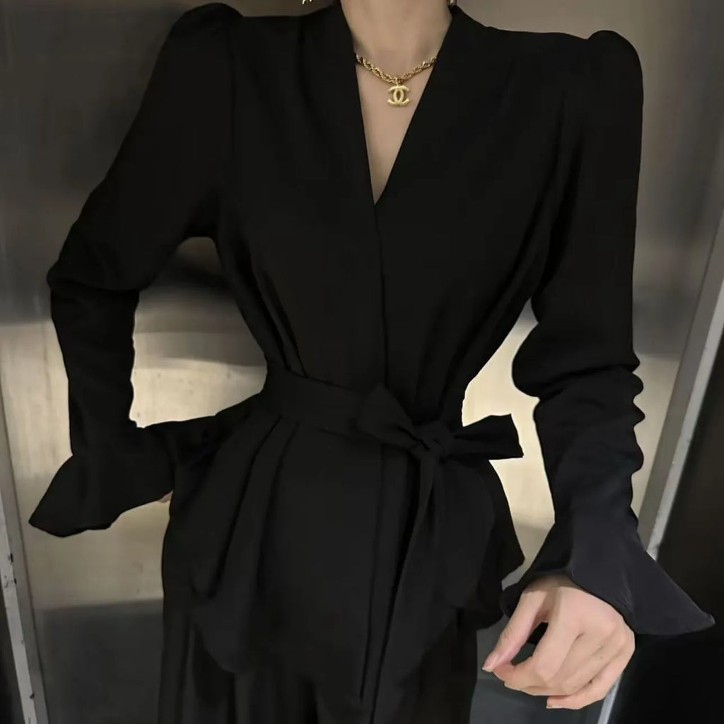 Women's French-style shirt with irregular collar, bell sleeves and tied front detail