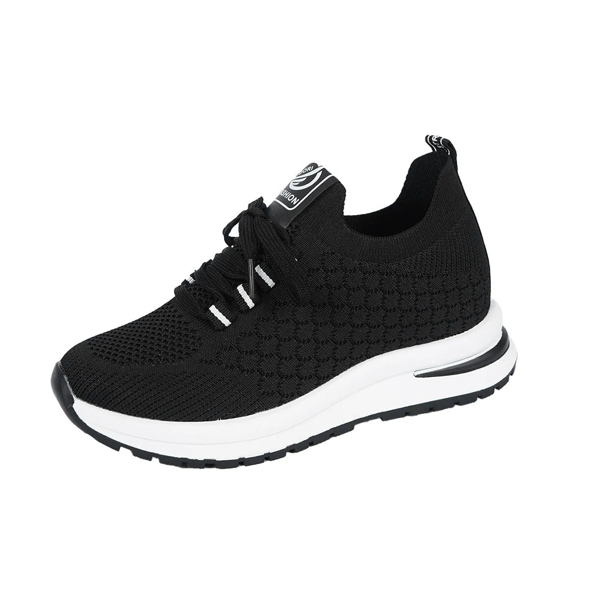 Women's black mesh lace-up flat pumps with round toe and rubber sole on white background