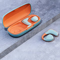 Blue orange mixed colour ear hook Bluetooth sports headset showing ear mounting design