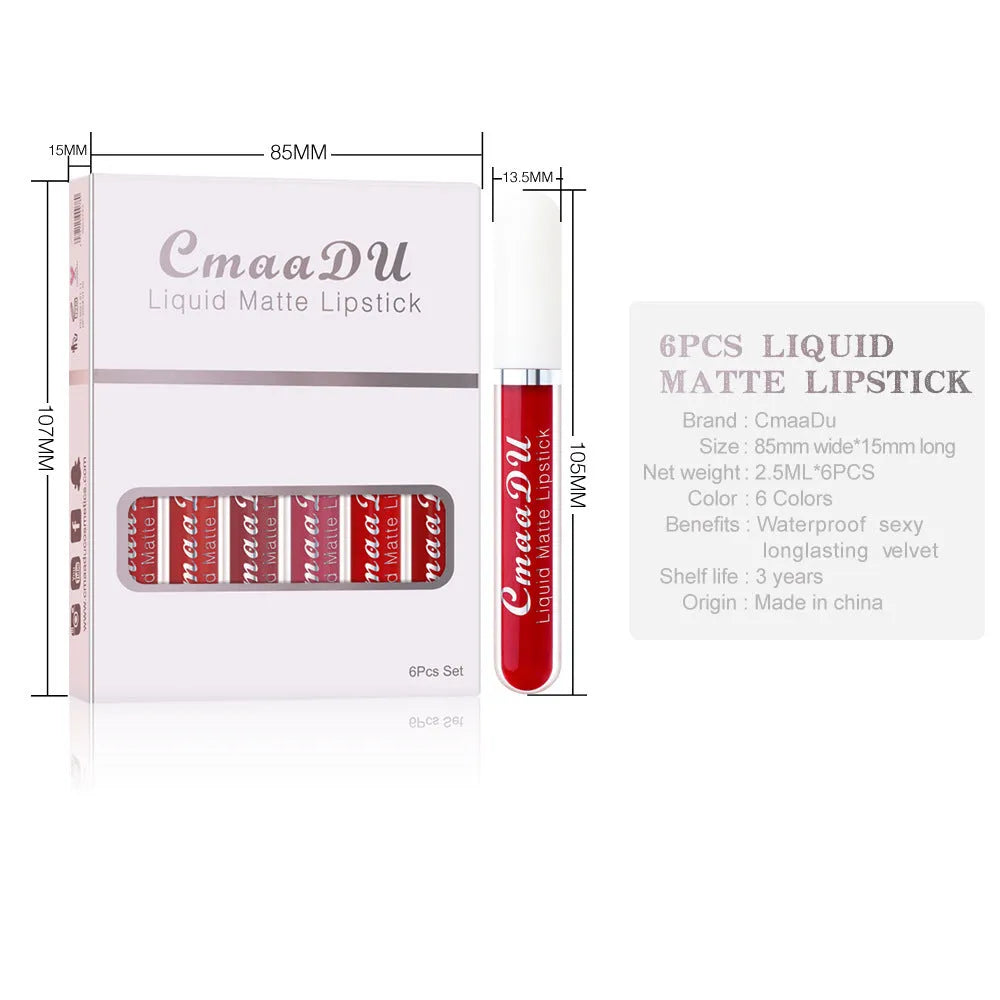 Box containing six tubes of matte finish, waterproof lip gloss in assorted styles.