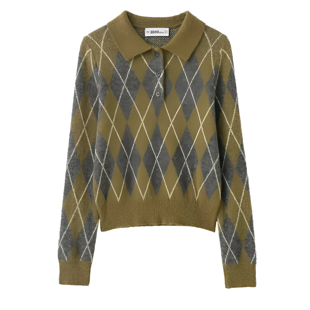 Women's notched lapel long-sleeve buttoned diamond-patterned knitted sweater in colour block design, regular fit