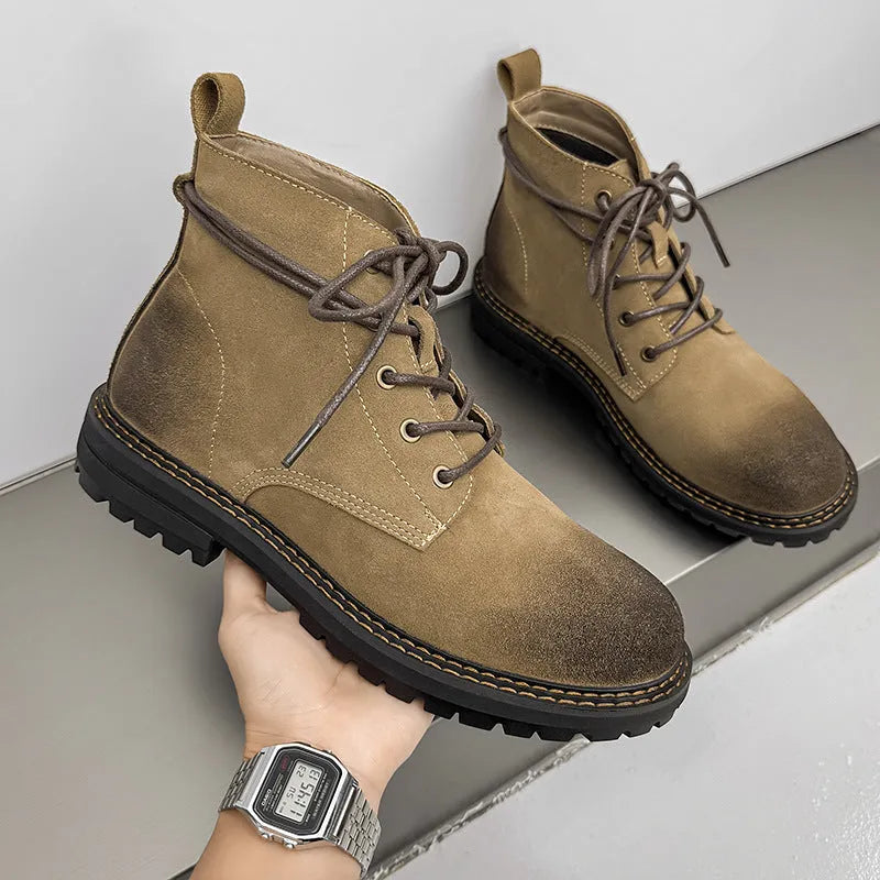 Mens outdoor short boots with low heel, lace-up front, round toe, rubber sole, available in coffee and khaki, sizes 38-44