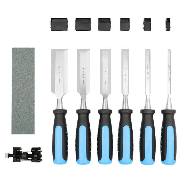 8-piece blue wood chisel set with sharpening stone for wood carving and woodworking