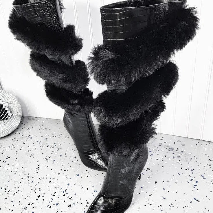 Women's pointed-toe over-the-knee stiletto boots in black leopard print with genuine leather upper and suede finish