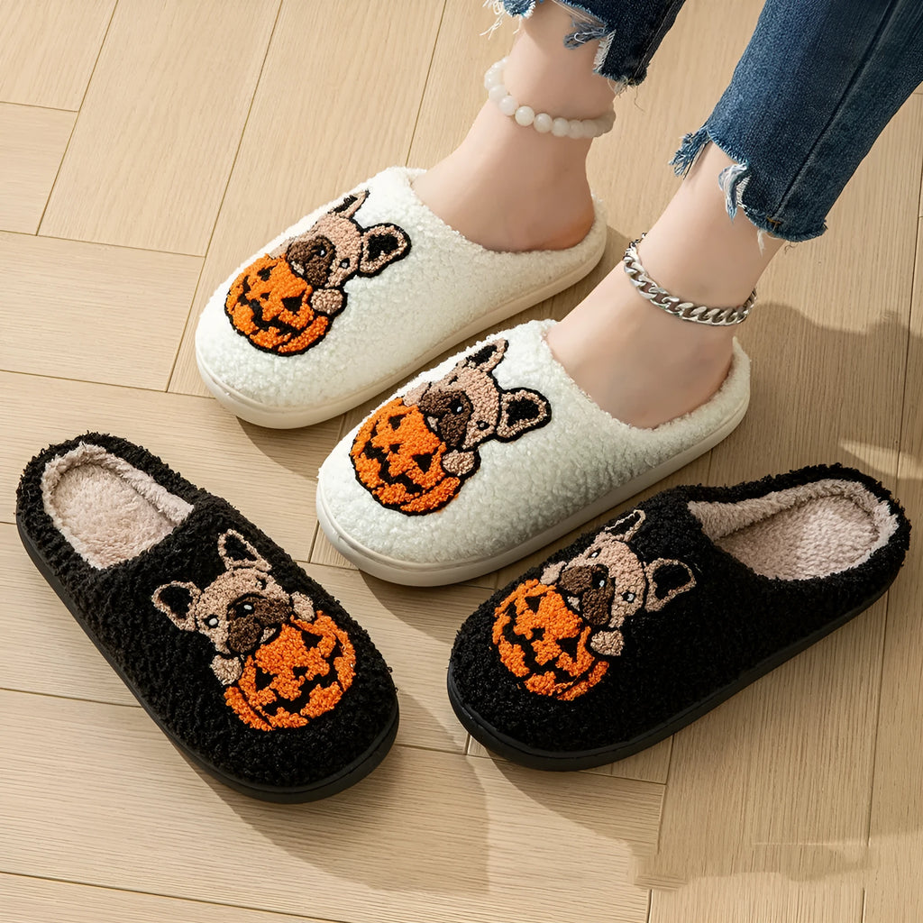 Halloween pumpkin pattern house slippers with plush material and non-slip rubber soles