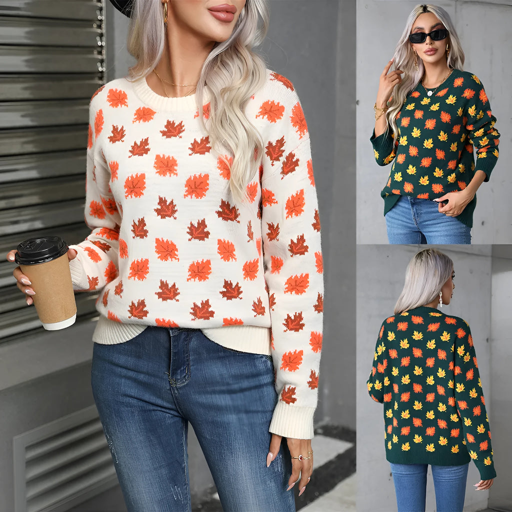 Maple leaf Christmas round neck sweater in beige and dark green loose street fashion style