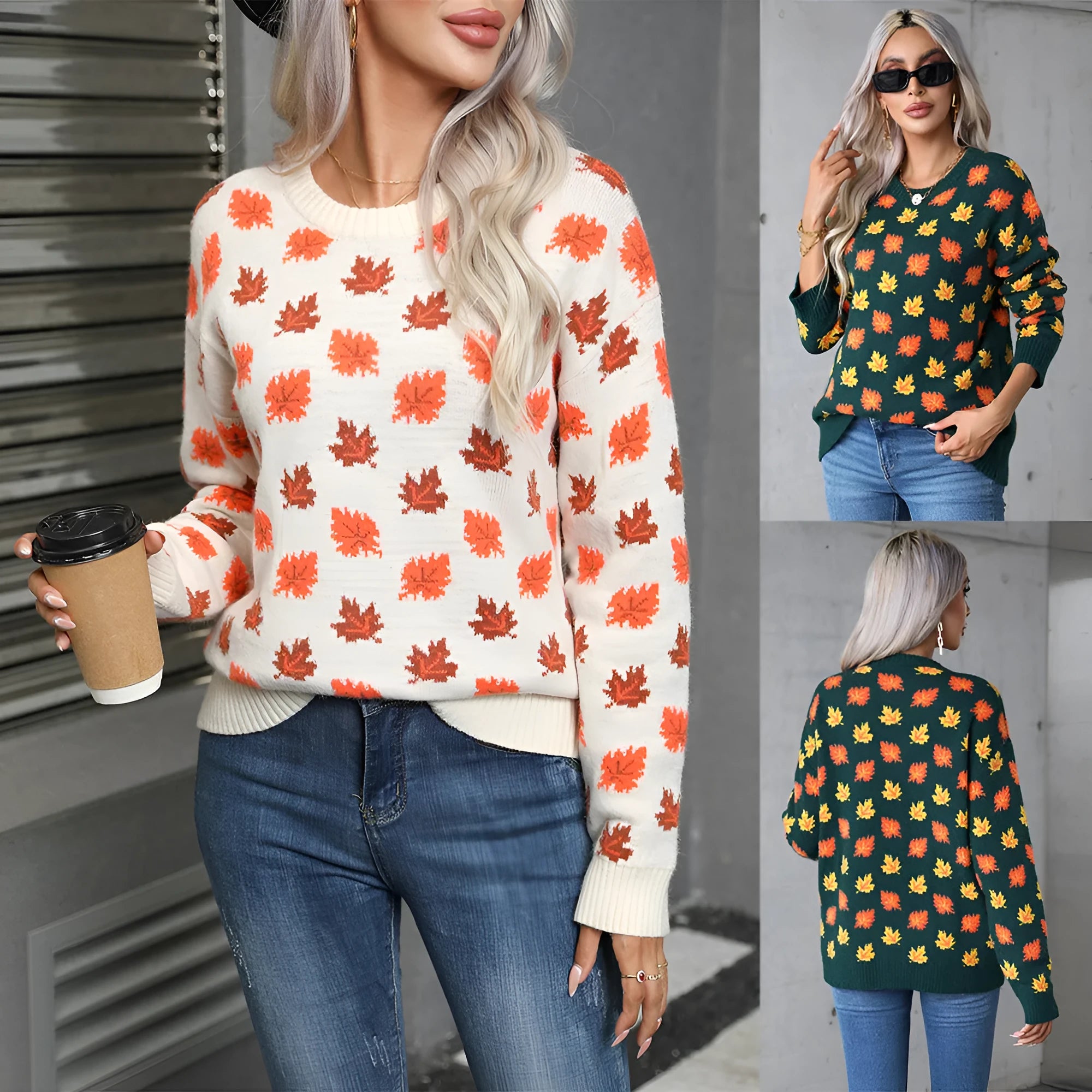 Maple leaf Christmas round neck sweater in beige and dark green loose street fashion style