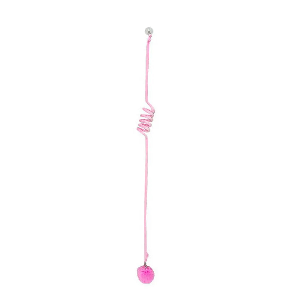 Colourful spring-mounted cat toy with an inflatable ball and bell, shown with a suction cup for hanging.