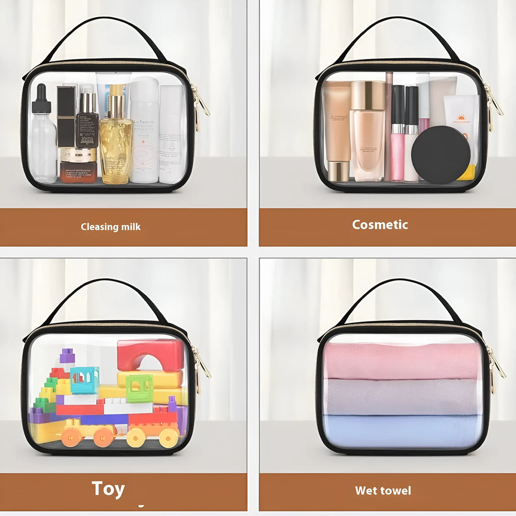 Transparent PVC cosmetic wash bag with chain handle showing visible lipstick storage