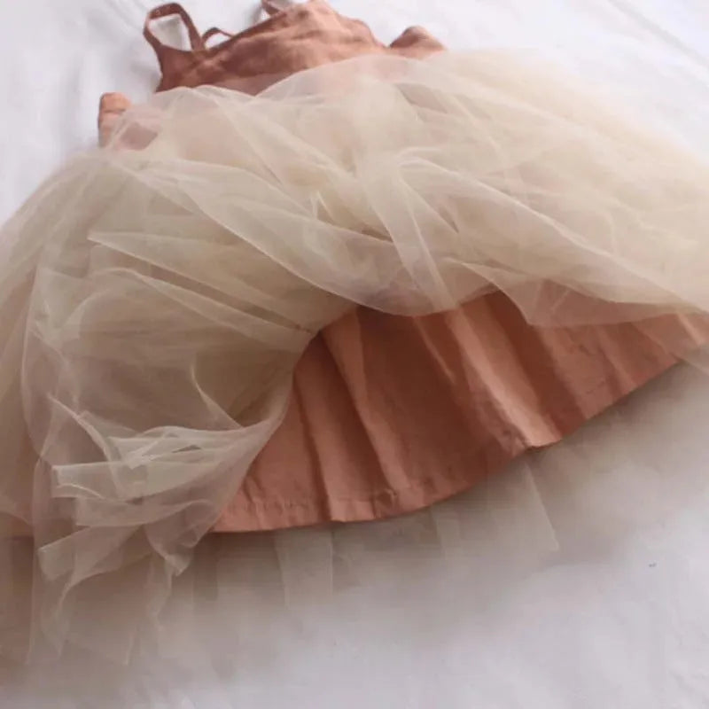 Children's lace-up princess dress in solid colour with organza fabric and cotton lining