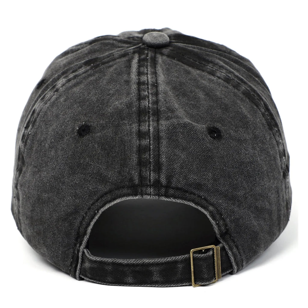 Cotton embroidered adjustable dome cap in black with distressed finish