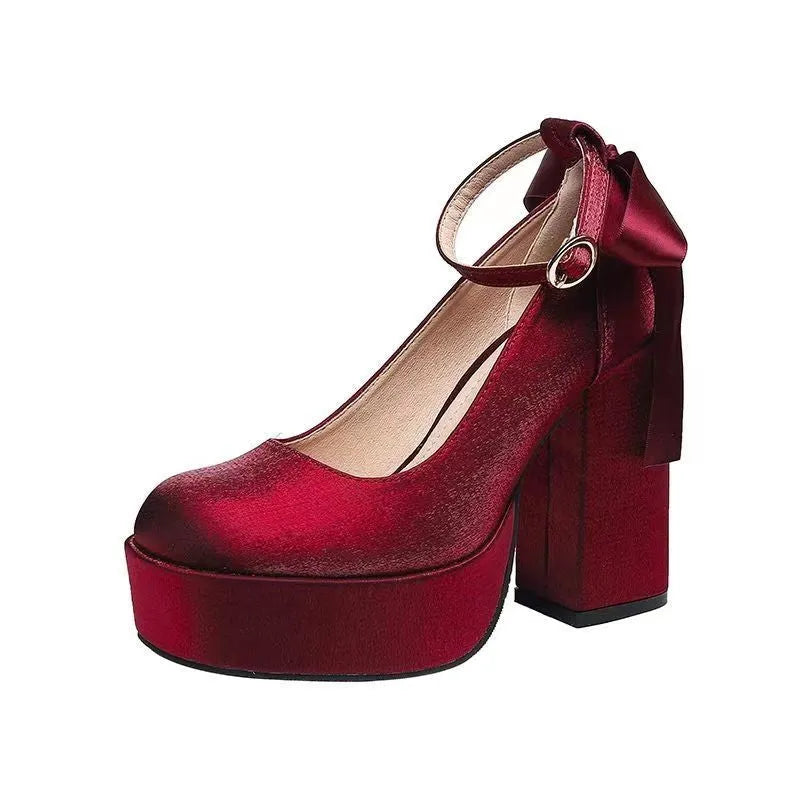 Women's wine red platform wedding shoes with chunky heel and decorative buckle detail