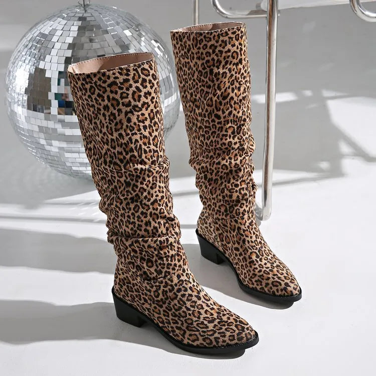 Brown leopard print women's winter boots with a chunky square toe and mid-height heel on a white background.