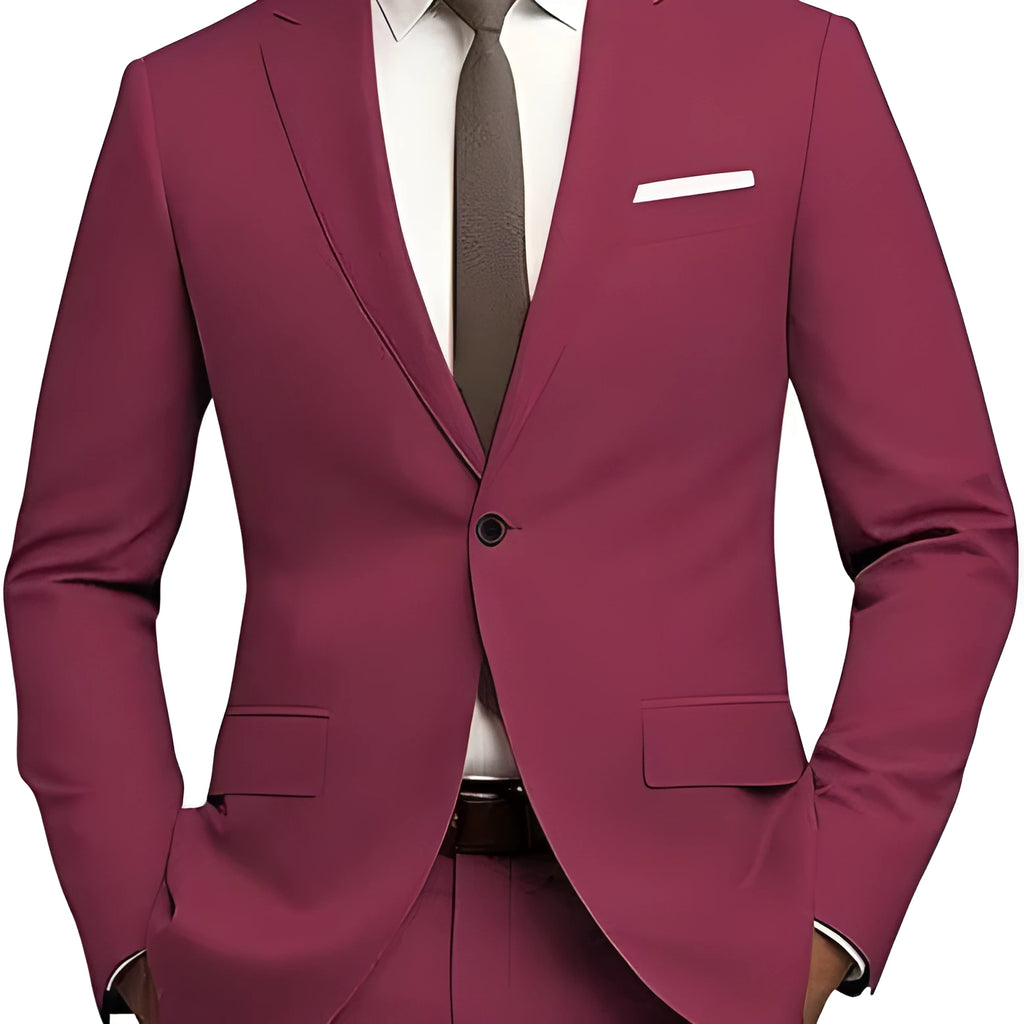 Men's slim fit 2-piece suit set with tie in gold colour, flat collar, rear middle opening, nylon blend fabric