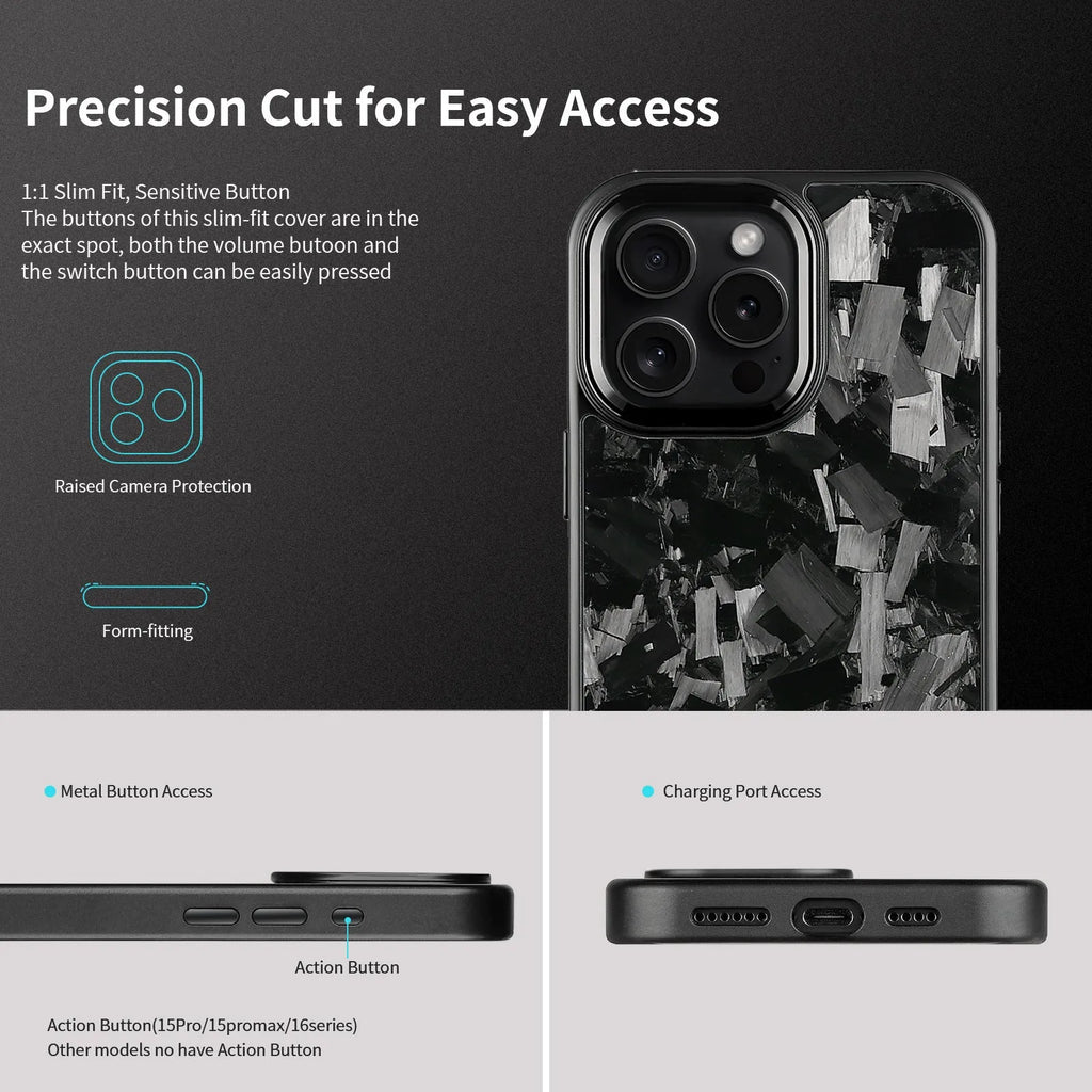 Carbon fibre forged pattern phone case in black on iPhone, showing full-coverage design and material texture