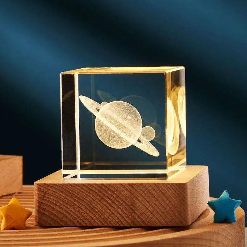 3D crystal cube night light with glass lampshade showing dimensional patterns in warm light