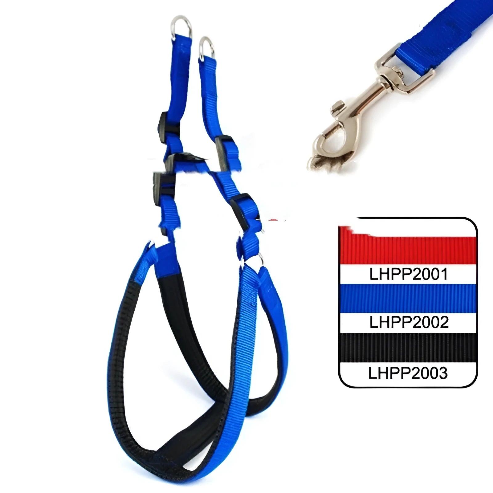 Blue nylon pet harness with soft foam lining and adjustable chest strap for dog walking