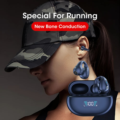 Bone conduction Bluetooth headset clip in black, white, or khaki colours showing ear-clip design