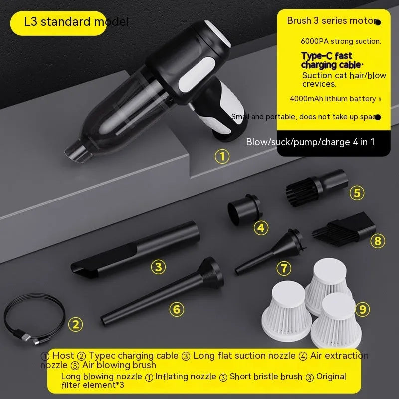 Black cordless handheld car vacuum cleaner with attached brush nozzle and charging cable.