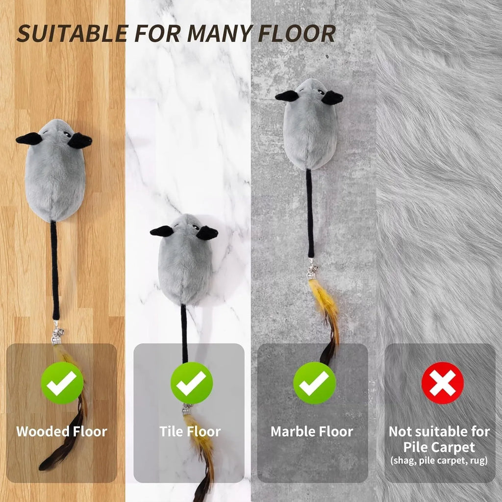 Grey and yellow plush automatic cat toy mouse with feather tail and LED lights