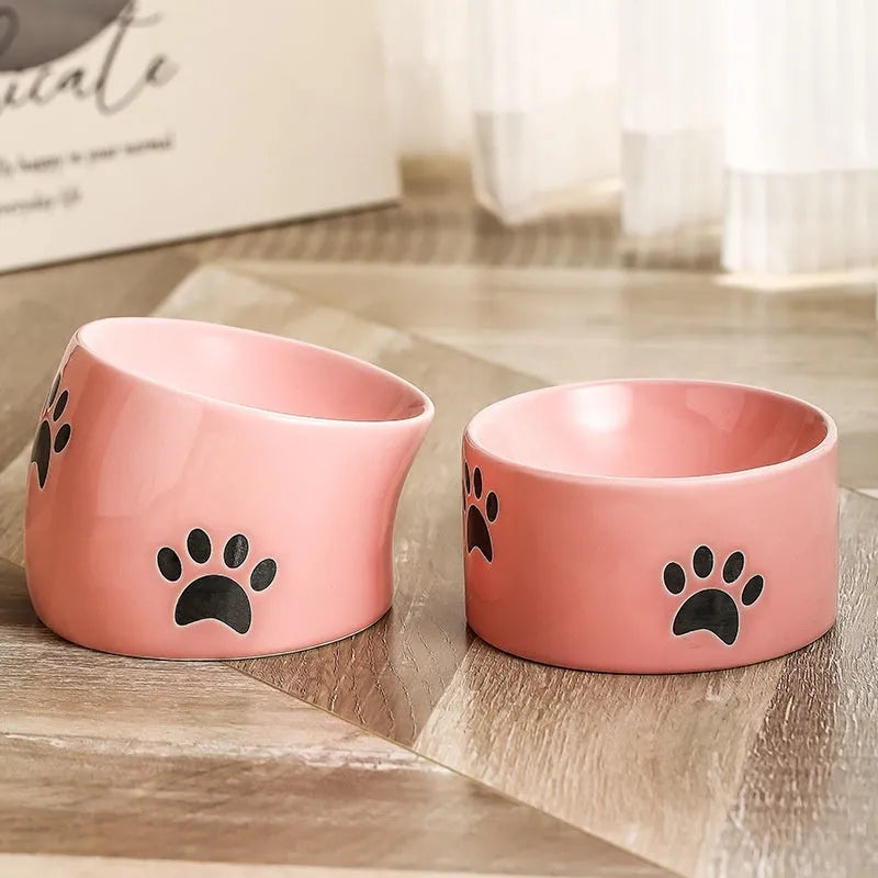 Ceramic cat bowl with high foot design in cat's paw pattern available in multiple colours