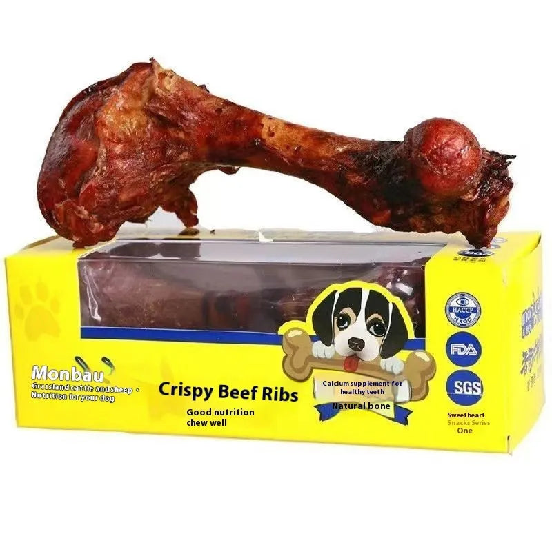 Natural beef marrow bone dog chew in three sizes small green medium blue large yellow for dental health