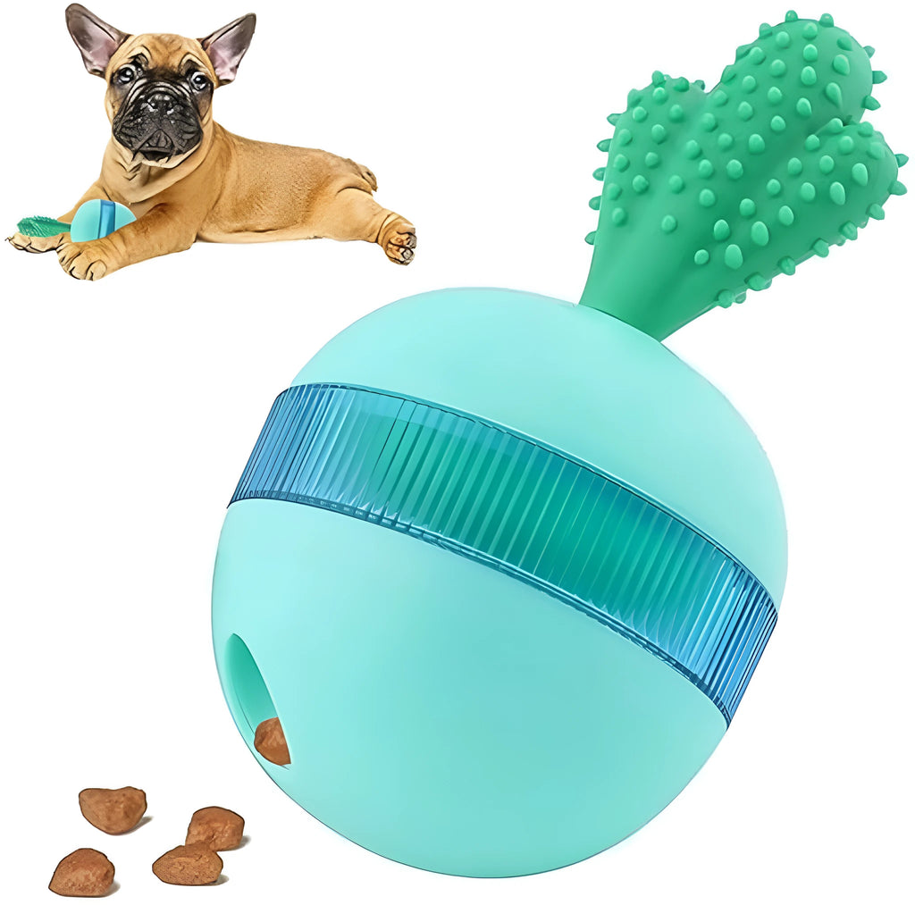 Blue durable rubber interactive dog treat puzzle ball for medium large dogs on a plain background