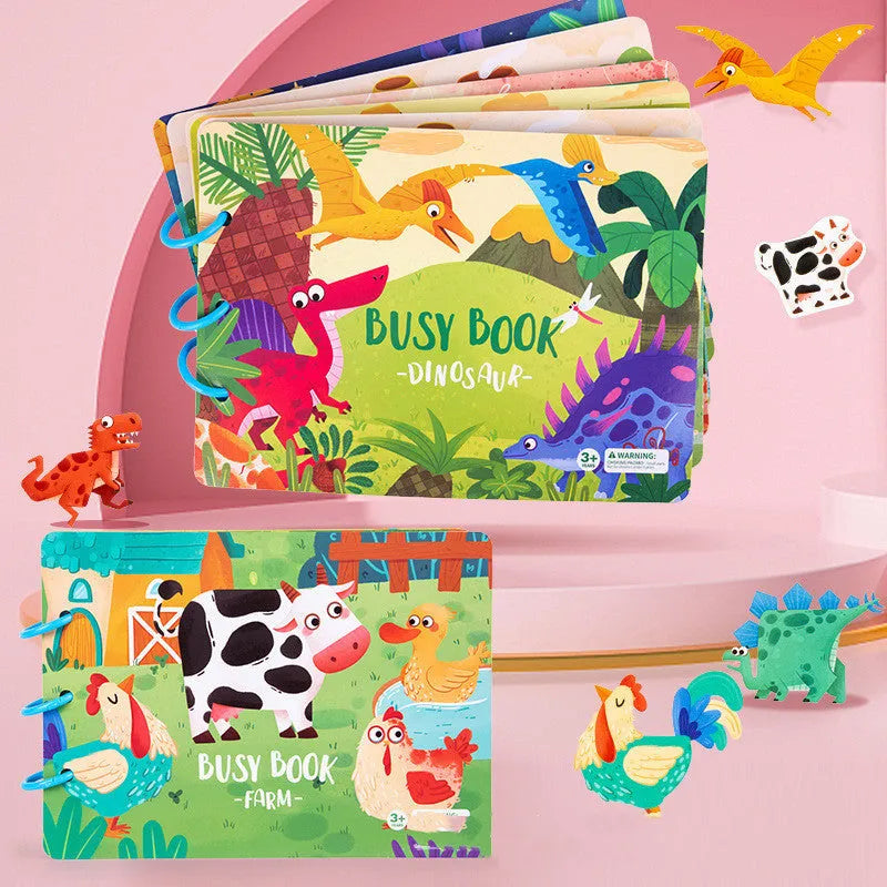 Children's early education velcro quiet book with white cardboard pages, dinosaur theme, 45x42x32 cm