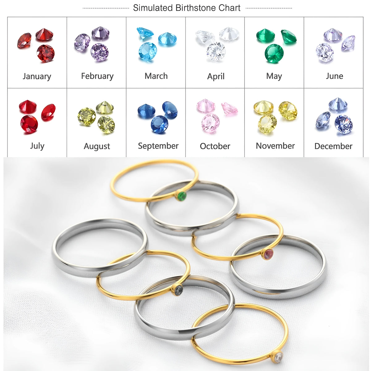 Titanium steel engraved birthstone ring with steel lettering ring handle in geometric shape