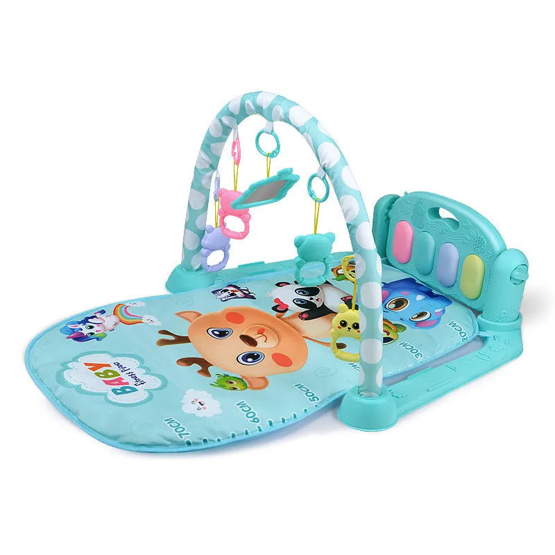 A blue baby fitness frame with a pedal piano and hanging toys for infant development.