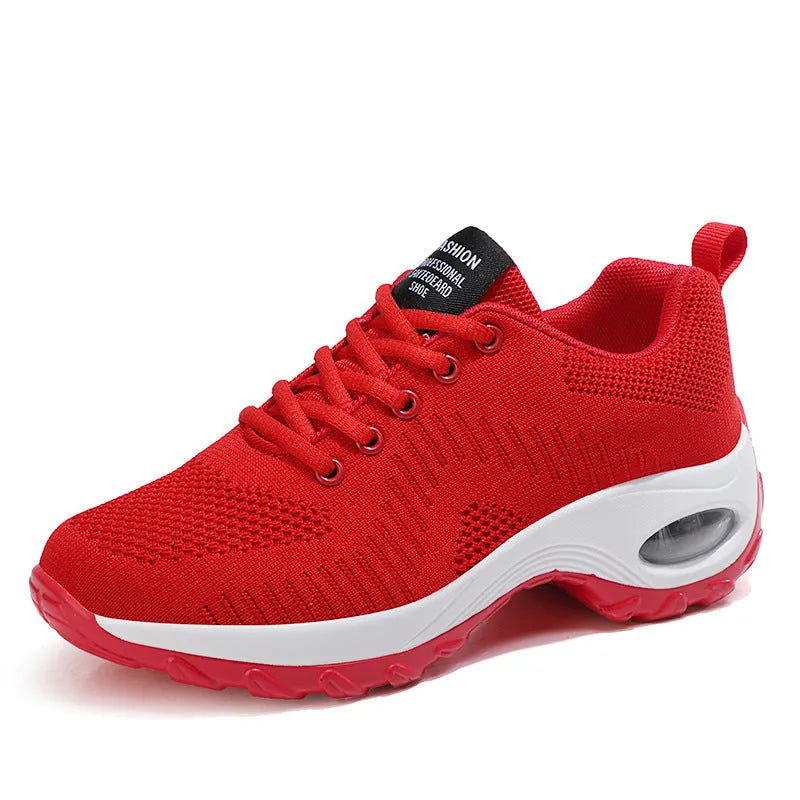 Red and black women's low-top mesh sneakers with front lace-up and a round toe.
