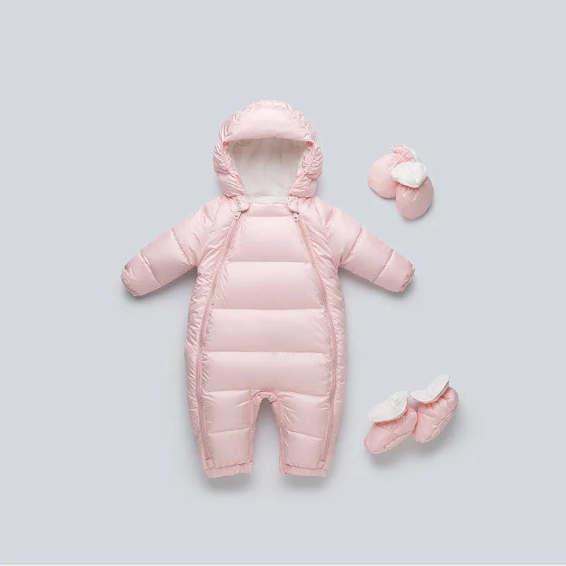 Baby down jacket jumpsuit in bear print with hood, gloves, and shoes for winter