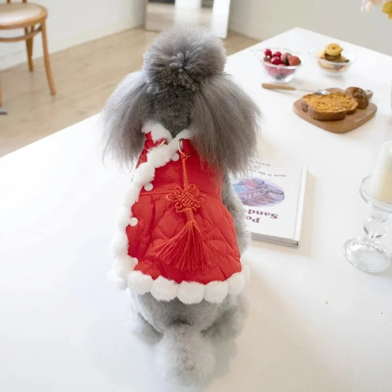 Red Chinese-style pet clothing with thick faux fur collar and decorative knot detail