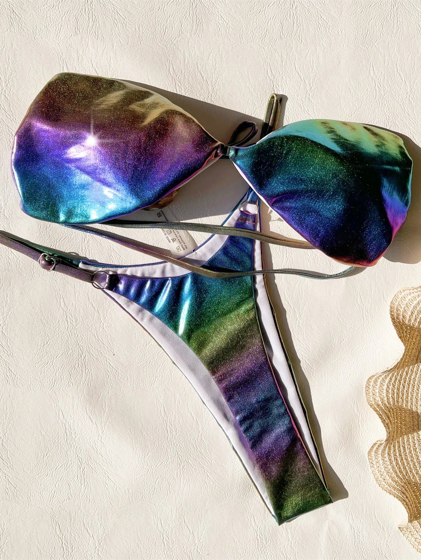 Women's gradient purple bikini swimsuit set with polyester fabric shown front and back