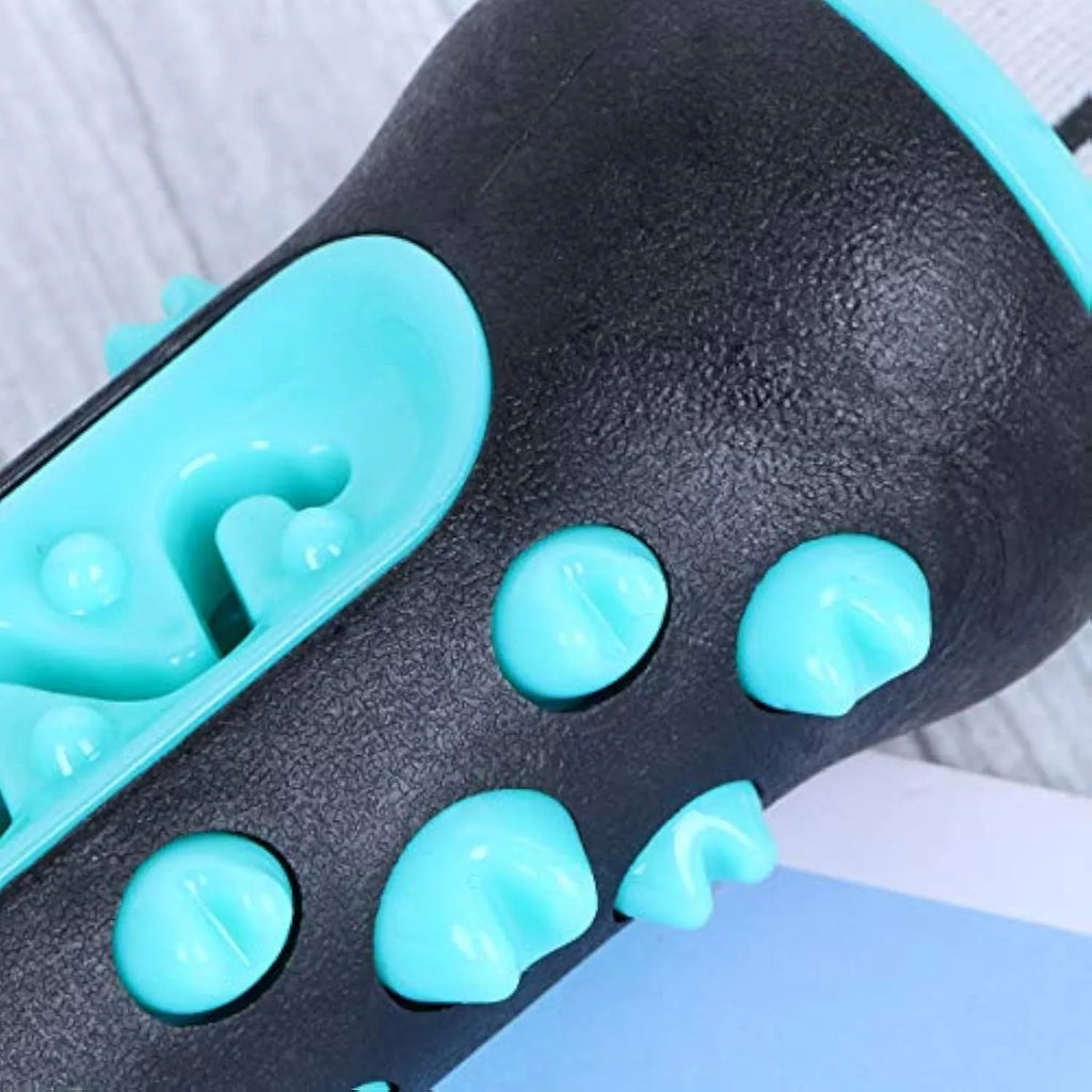 Natural rubber dog toothbrush chew toy in blue, showing textured surface for dental cleaning.