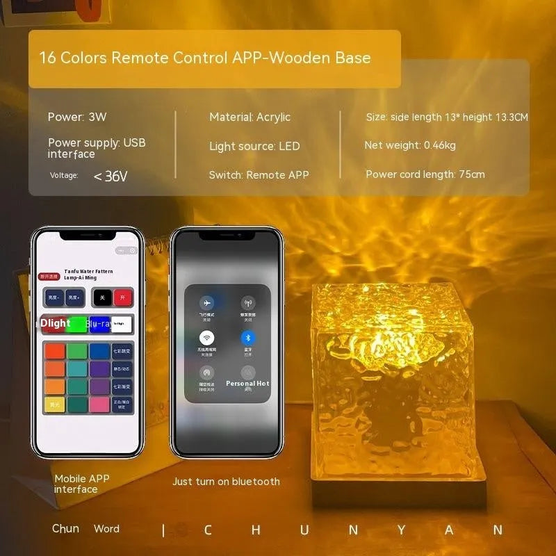 LED water ripple night light with crystal lamp and remote control projecting colourful patterns