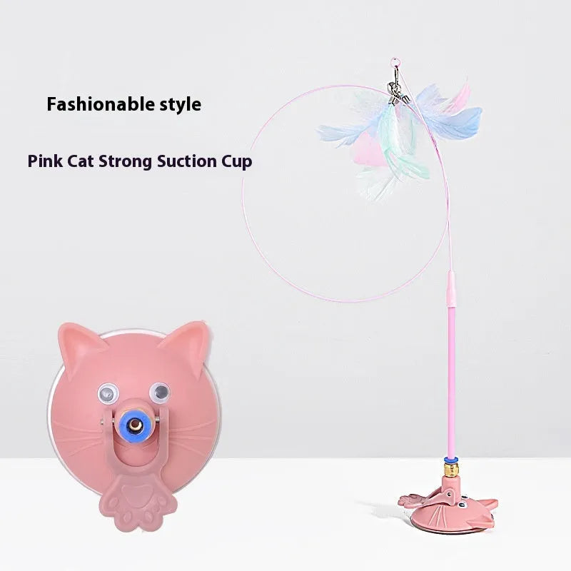 Cat teaser wand toy with suction cup holder and bell, shown in various colour and design options.