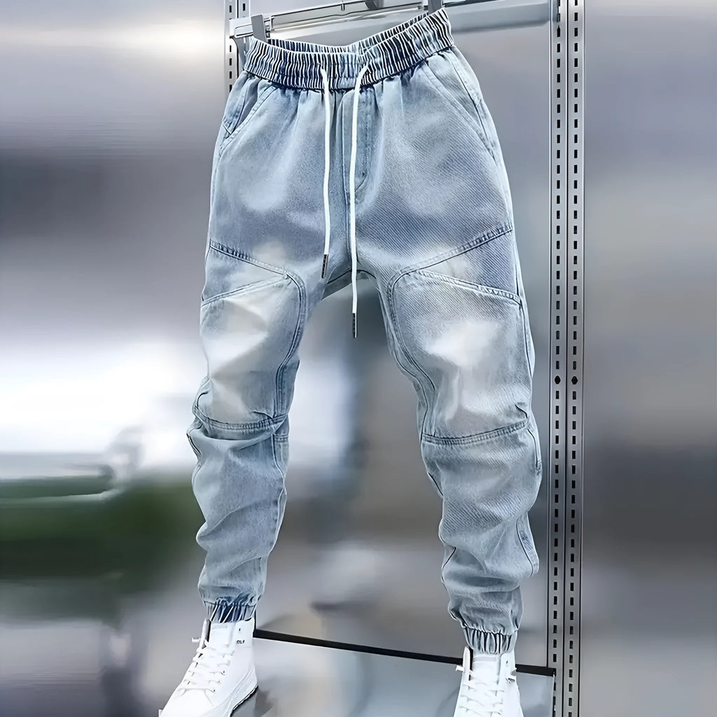 Men's light blue cotton denim elastic ankle banded drawstring skinny trousers