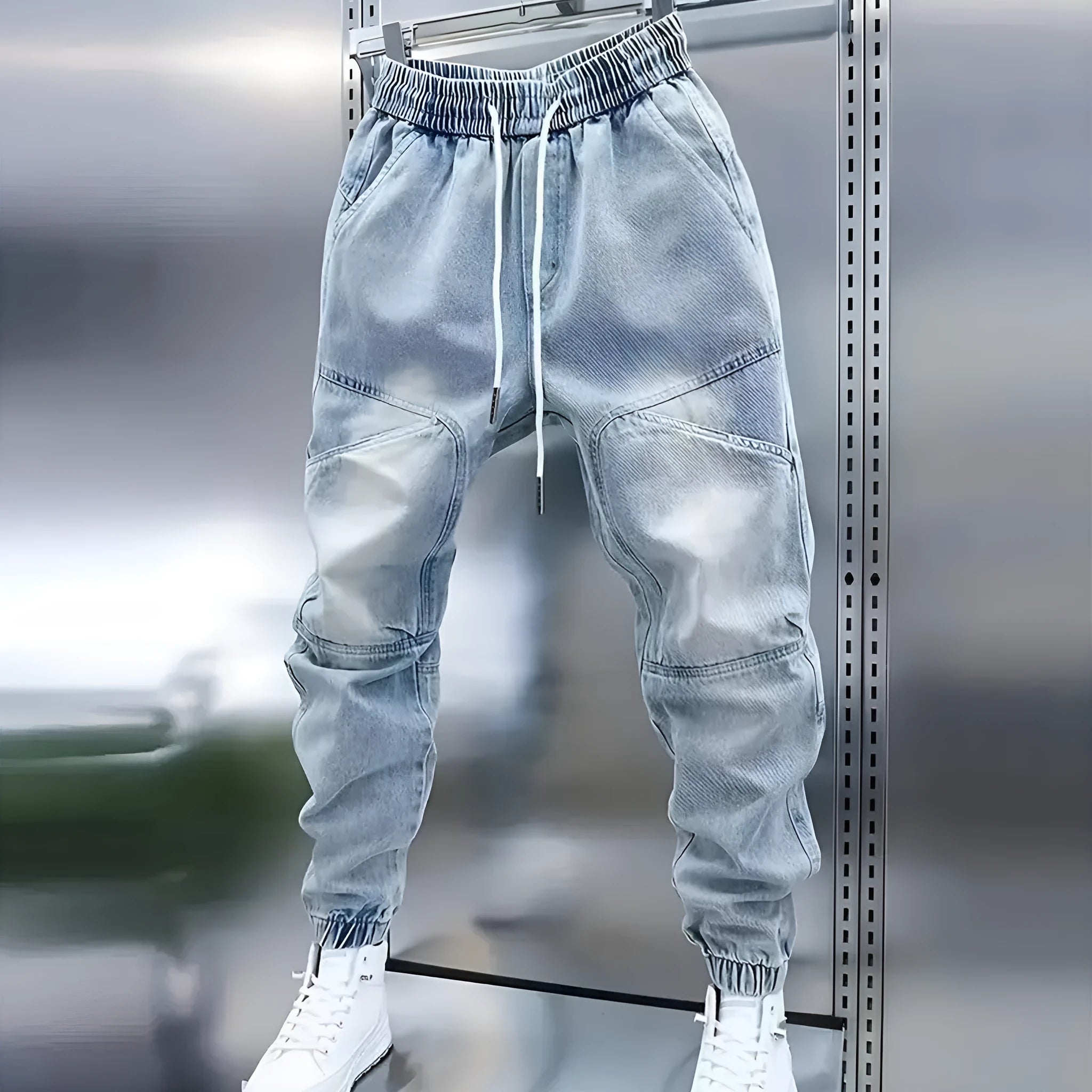 Men's light blue cotton denim elastic ankle banded drawstring skinny trousers