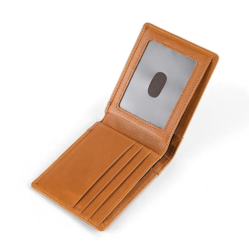 Men's genuine leather wallet in polished brown short vertical layout with cowhide lining and anti-theft function
