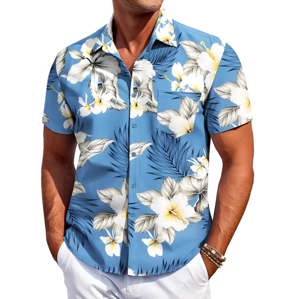 Men's slim fit short sleeve Hawaiian shirt in cardigan style, shown in a solid colour.