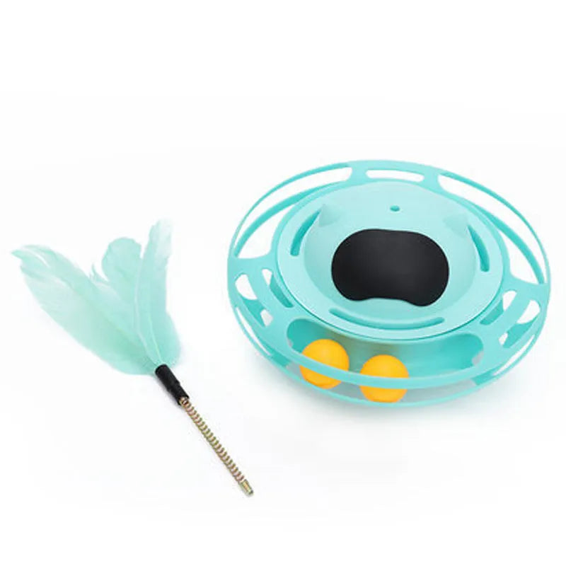 Pink cat tumbler turntable toy with rotating platform and dangling cat stick for interactive feline play