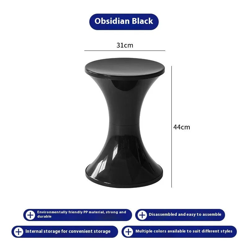 Plastic hourglass shoe changing stool in multiple colours with compact dimensions