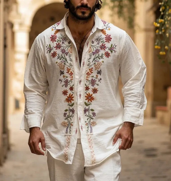 Men's retro style 3D printed long sleeve cardigan in bamboo linen blend fabric