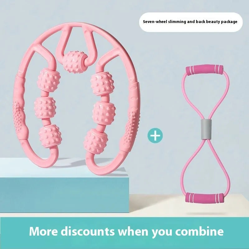 Ring clip leg massager roller with multiple acupressure wheels in Macaron Pink, Blue, or Purple.