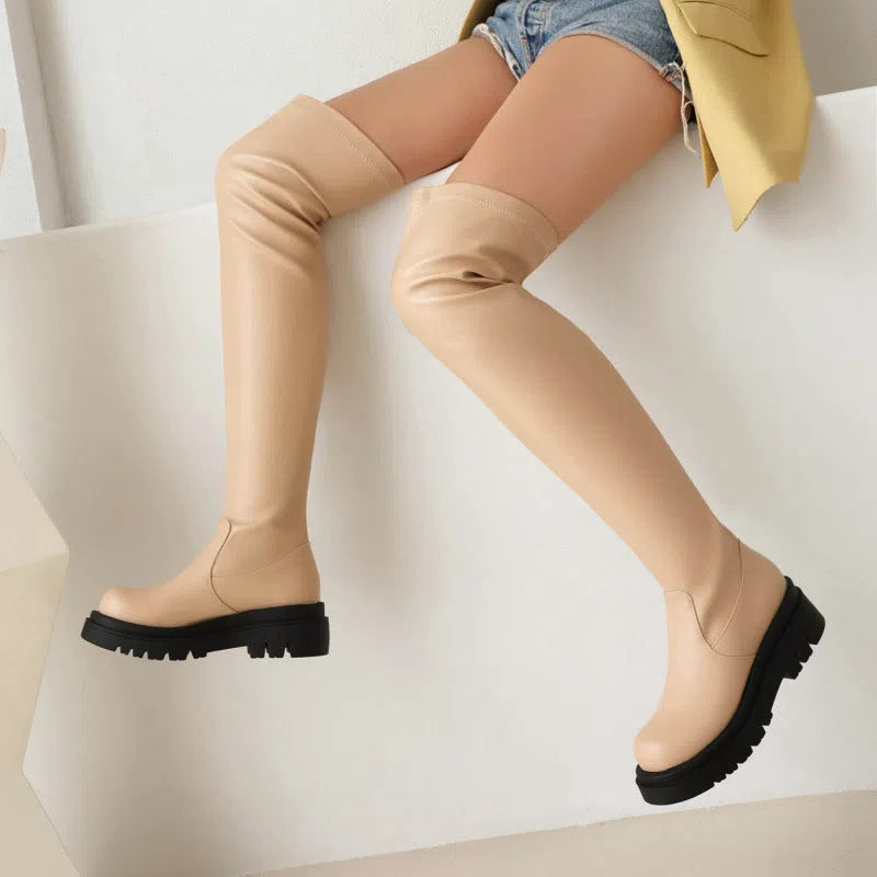 Women's black over-the-knee boots with square heel and round toe on white background