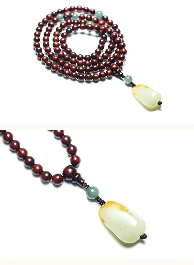 Rosewood beaded bracelet with 108 6mm beads and carved Hotian jade pendant centrepiece