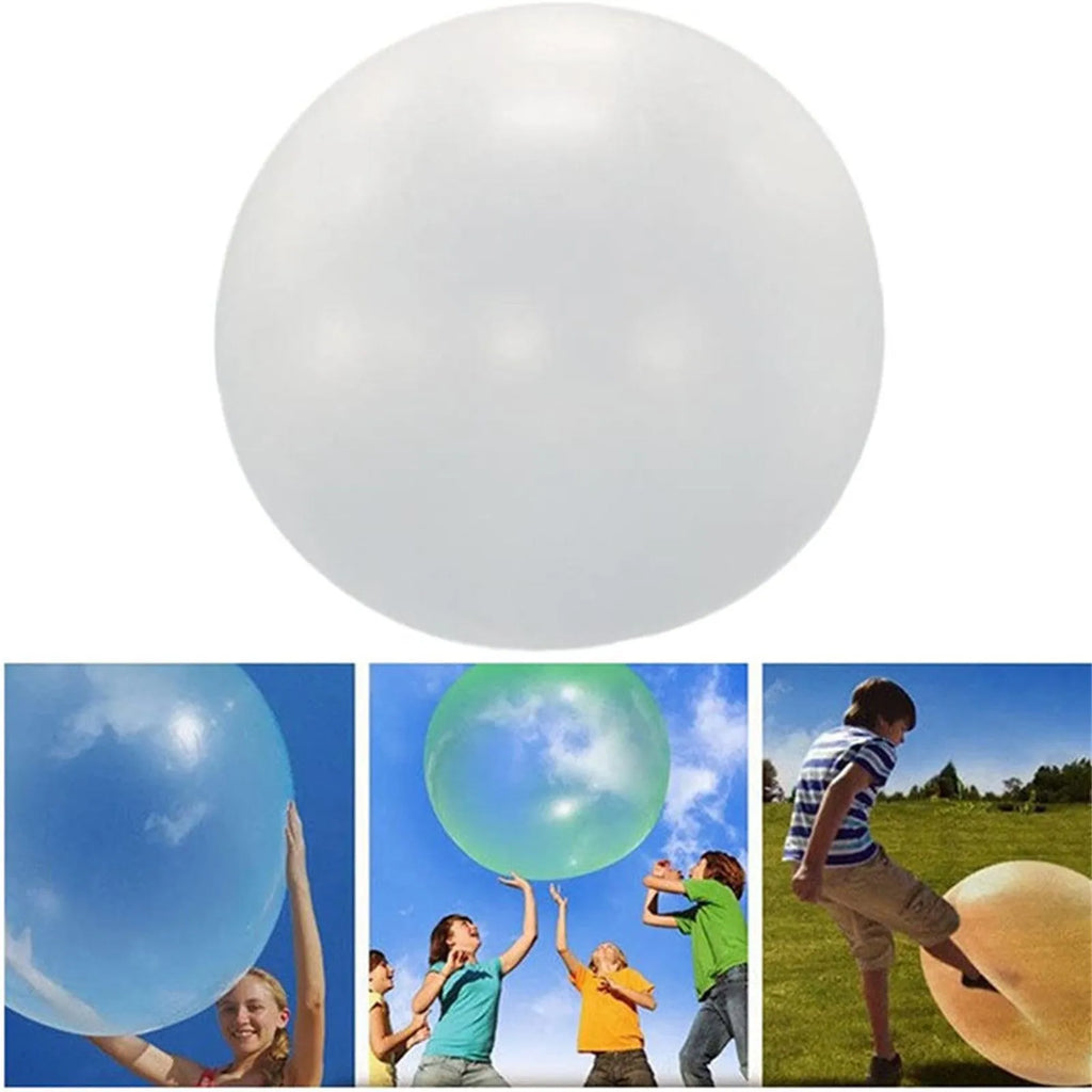 TPR inflatable ball toy in pink, yellow, green, and blue colours showing 40cm to 120cm size range