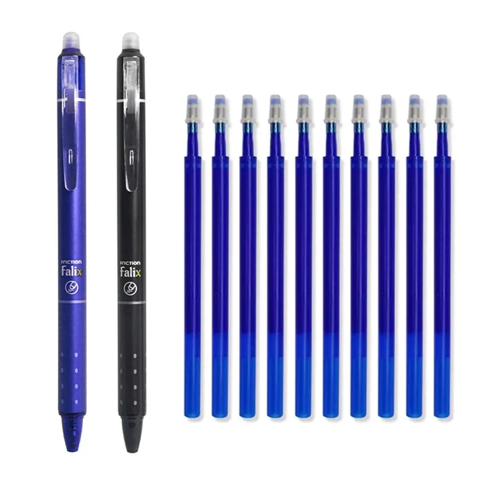 Blue and black erasable gel pen with 0.5mm stainless steel nib and plastic body for school use