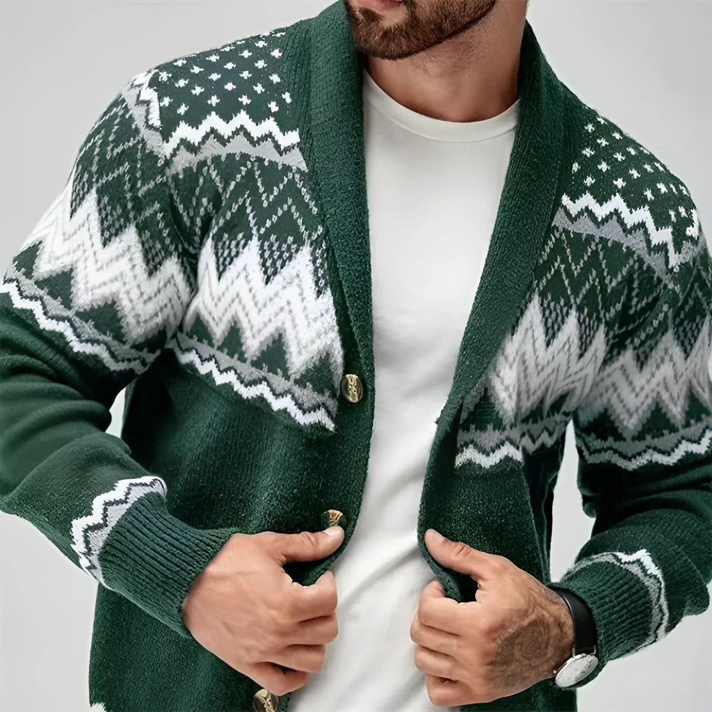 Solid colour long-sleeved knitted cardigan coat sweater in green, chemical fibre blend jacquard, front view